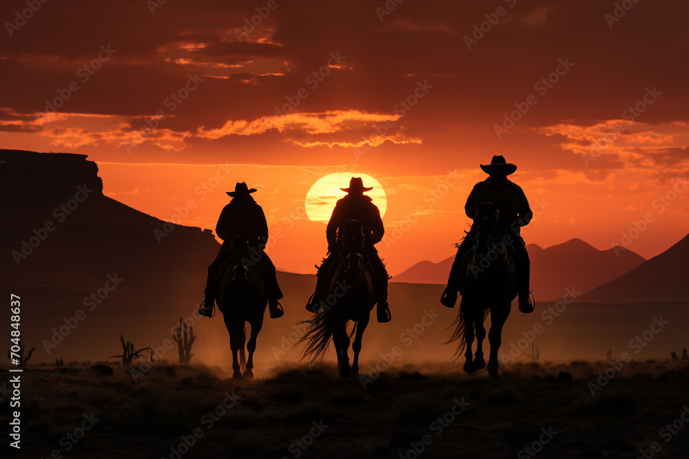 Poster cowboys riding into the sunset - rich range and green abstract shapes in a rounded form.