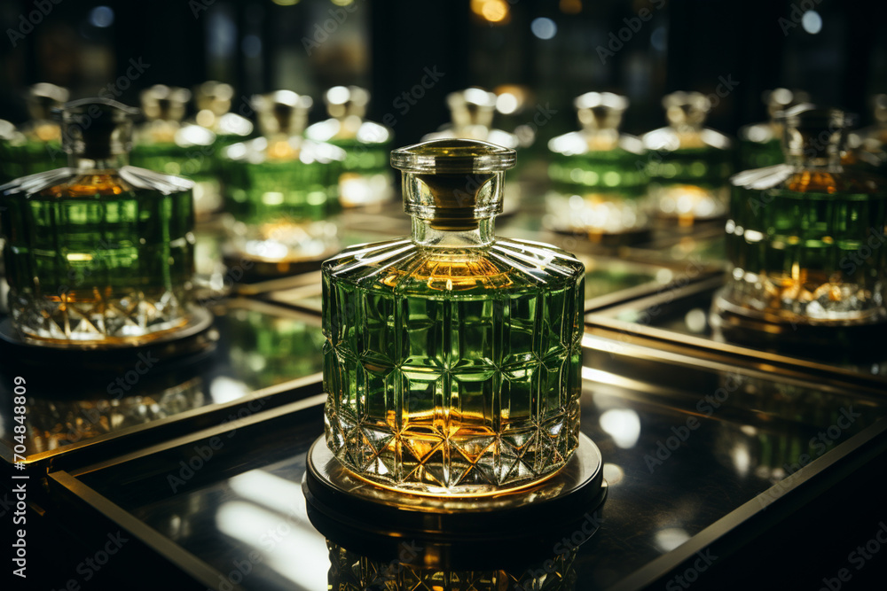 Poster Whiskey bottles - Rich range and green abstract shapes in a rounded form.