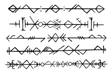 Nordic celtic runes header divider, set norse protection symbols in doodle style, amulet, witchcraft signs on white background.