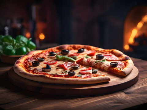 pizza with mushrooms and tomatoes ,pizza with salami and tomatoes , pizza with salami  ,  pizza  on wooden board pizza in a ketchen