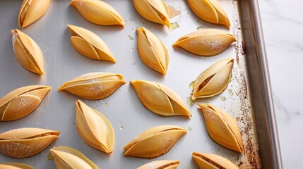  a baking pan filled with lots of food on top of a counter next to a pan filled with lots of food on top of a counter.
