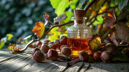 A glass bottle of hazelnut oil stands on a wooden table next to a walnut tree