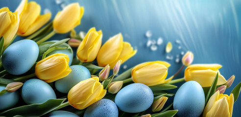 blue easter eggs and yellow tulips isolated on blue background.