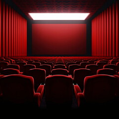 Obraz premium Empty cinema hall with red seats and curtains, ready for audience