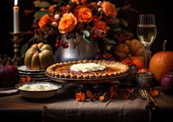 A panoramic view of a Thanksgiving pumpkin pie being served on a beautifully set table, surrounded