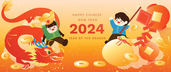 Happy Chinese new year background vector. Year of the dragon design wallpaper with dragon, kids, coin, firework, cracker,lantern. Modern luxury oriental illustration for cover, banner, website, decor.