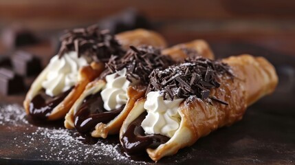  chocolate crepes with whipped cream and chocolate shavings on a black plate with chocolate chips on the side.