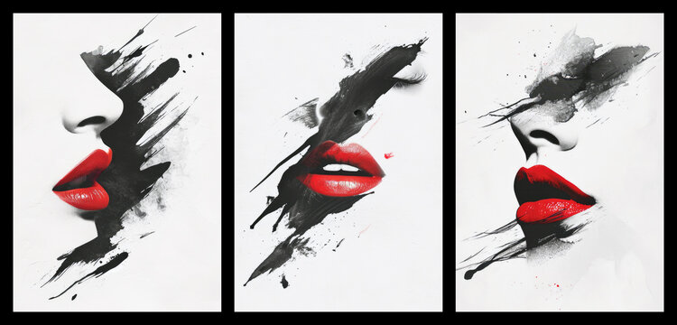 Set of watercolor red lips art posters, abstract modern concept art	