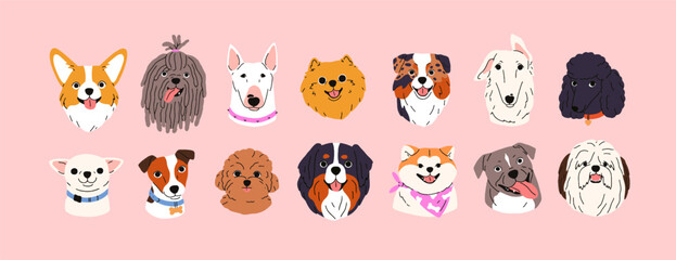 Cute dog faces set. Canine portraits, different doggies breeds. Funny puppies heads. Pups avatars. Happy Corgi, Komondor, Sennenhund, Pomeranian Spitz pets muzzles. Isolated flat vector illustrations