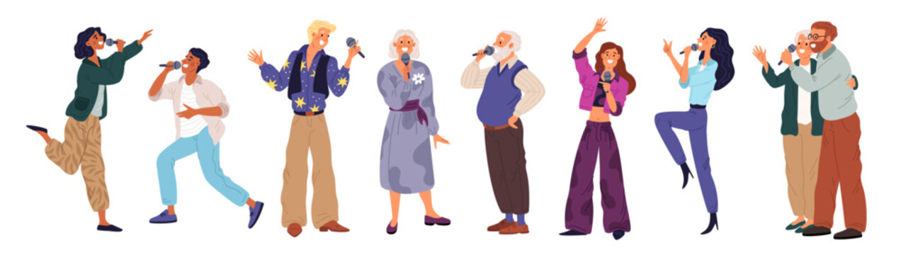 Happy karaoke singers. Cartoon people sing songs. Cute vocalists hold microphones in hands. Professionals and amateurs. Musicians performance. Talented men and women. Garish vector set