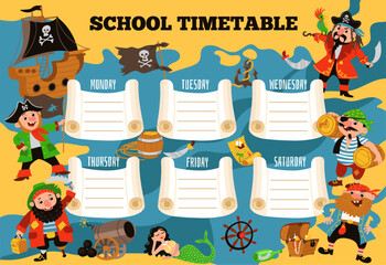 Pirates kids planner. Funny school timetable. Weekly schedule with sea robbers. Sailing boat captain. Sailors and corsair ship. Filibusters crossbones flag. Splendid vector concept