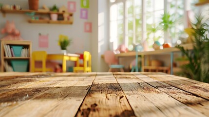 Wooden desk on blurred child room or kindergarten interior background