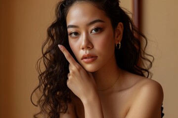 attractive stylish glamour asian female woman Young Asian beauty woman  curly long hair with korean makeup style on face and perfect skin Studio shot of Beautiful young Asian woman with clean fresh - obrazy, fototapety, plakaty