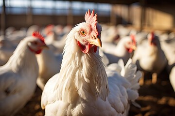 Group of white free range chicken, broilers farm. Chicken, farming and agriculture on grass, organic farm. Poultry, birds or animal for protein, meat or pet in nature together for sustainability