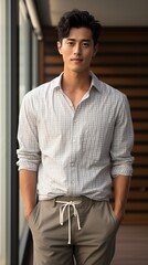 Fototapeta premium Asian man in casual outfit standing with hands in pockets