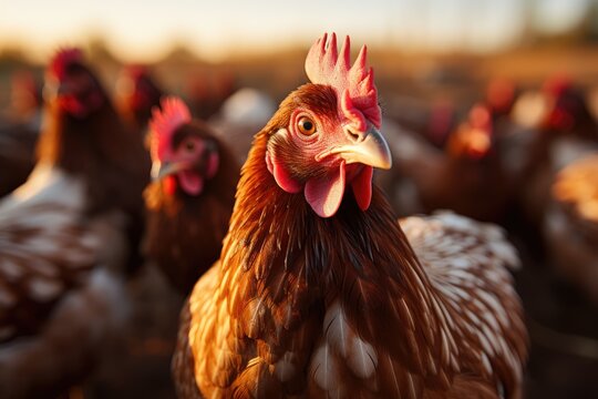 Group of red free range chicken, broilers farm. Chicken, farming and agriculture on grass, organic farm. Poultry, birds or animal for protein, meat or pet in nature together for sustainability