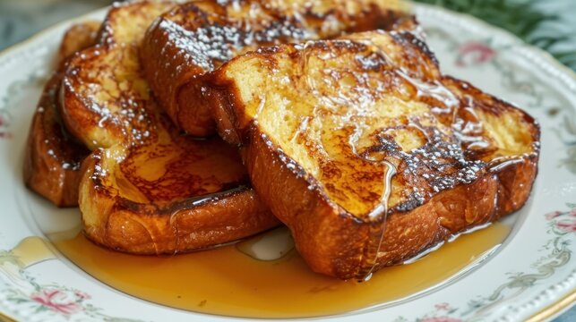 a white plate topped with french toast on top of a blue and white table cloth next to a cup of coffee.