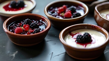  a close up of a bowl of food with berries on top of it and another bowl of food with berries on top of it.