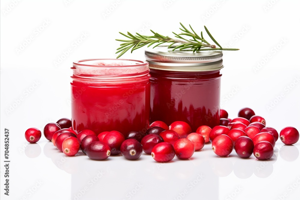 Poster cranberry jam in glass jar isolated on white background with copy space for text placement