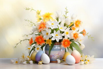 Obraz na płótnie Canvas easter eggs in a basket easter, egg, spring, flower, holiday, decoration, celebration, eggs, grass, food, nature, colorful, 