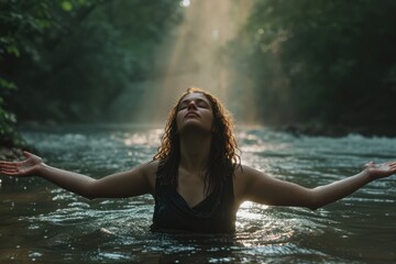 Beautiful young woman in worship in the river, faith, nature and freedom