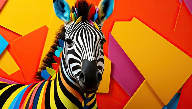Colorful zebra painted in rainbow colors on a bright background.