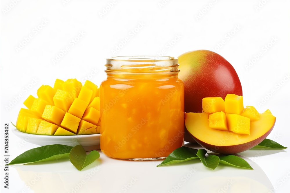 Poster delectable mango jam on white background with spacious copy area for text placement and branding