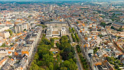 Ghent, Belgium. Panorama of the central city from the air. Cloudy weather, summer day, Aerial View