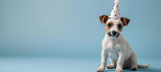 Happy birthday dog celebrating with party hat on blue background with copy space for text placement