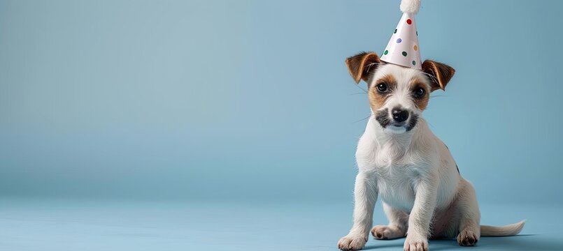 Happy birthday dog celebrating with party hat on blue background with copy space for text placement