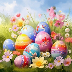 Fototapeta premium easter eggs in grass A happy easter card with colorful eggs and flowers banner