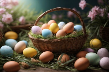 Easter background. A lot of bright Easter eggs in a wicker basket.