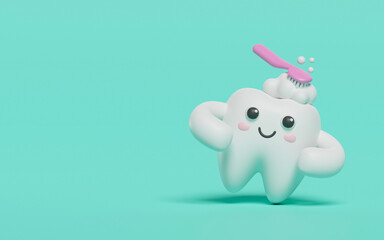 Happy healthy tooth cute character cleaning with toothbrush  toothpaste and medical shield. Health care for children dental care and dentistry concept. 3d rendering.