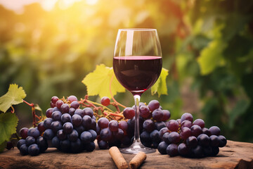 Glass of wine against the backdrop of a vineyard