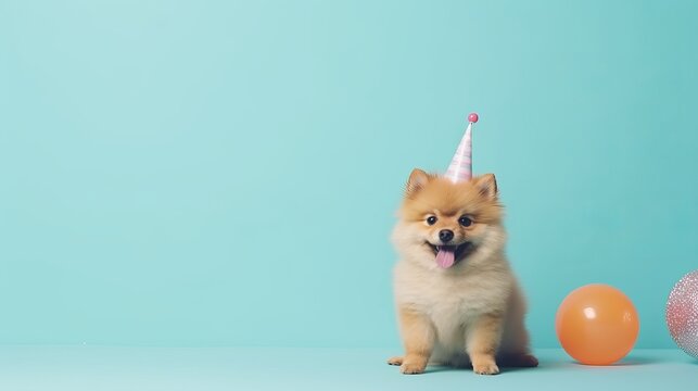 Party dog with hat celebrating on blue background, copy space for happy birthday concept