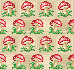 Obraz na płótnie Canvas A pixel seamless background with forest mushroom. 