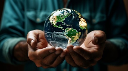 a photo of person hands holding a small round planet earth globe. care about nature and ecology. save our planet