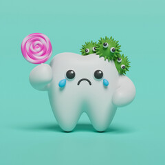 Tooth character sad bad caries decay tooth with bacteria toothache .Health care for children dental care and dentistry concept. 3d rendering.