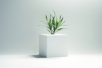 Still life of a plant on a cube