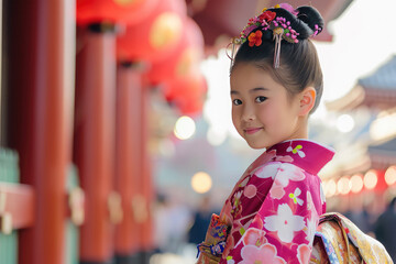 girl in temple in japan on background - obrazy, fototapety, plakaty