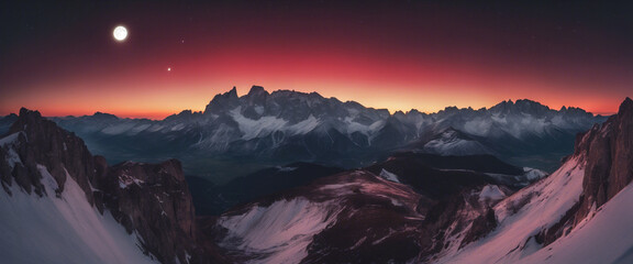 Armonia Celestiale- Montagne sotto il Cielo Rosso e la Luna Piena