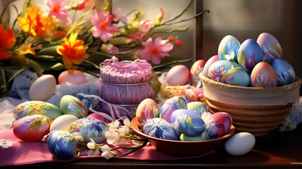 Fototapeta na wymiar easter eggs and flowers Easter eggs with different colors and designs represent the new year arrival
