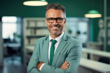 Fototapeta premium A business man in a suit and tie standing in an office smiling.