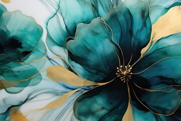 Modern fluid art alcohol ink flower. Teal, blue and gold liquid marble background. Backdrop with abstract mixing paint effect for interior poster, flyer, card, banner design