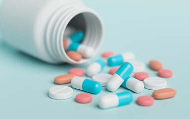 Medicine pharmacy pharmaceutical drugstore healthcare medical tablet pills medical tabs capsules concept. 3d rendering.