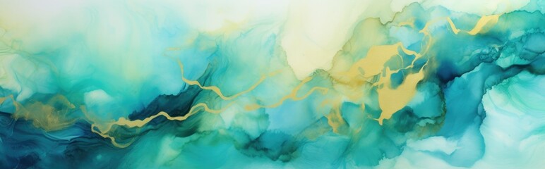  Fluid art texture. Background with abstract mixing paint effect. Liquid acrylic artwork that flows and splashes. Mixed paints for interior poster, design. Blue,  green, gold and white colors
