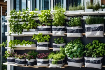Balcony herb garden concept. Modern vertical lush herb garden planter bags hanging on city apartment balcony wall, with planter boxes pots of basil - obrazy, fototapety, plakaty