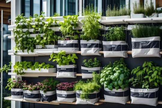 Balcony herb garden concept. Modern vertical lush herb garden planter bags hanging on city apartment balcony wall, with planter boxes pots of basil