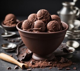 Homemade chocolate ice cream in a bowl on a dark background. Selective focus.