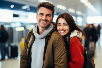 Portrait of happy, smiling young couple traveling on vacation at the airport. People on the go. Generative Ai illustration. - obrazy, fototapety, plakaty